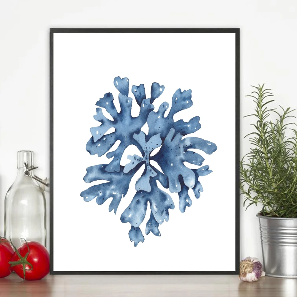 Blue Coral Watercolor Art Print Blue Seaweeds Poster Coastal Wall Art Canvas Painting Sea Corals Pictures For Living Room Decor