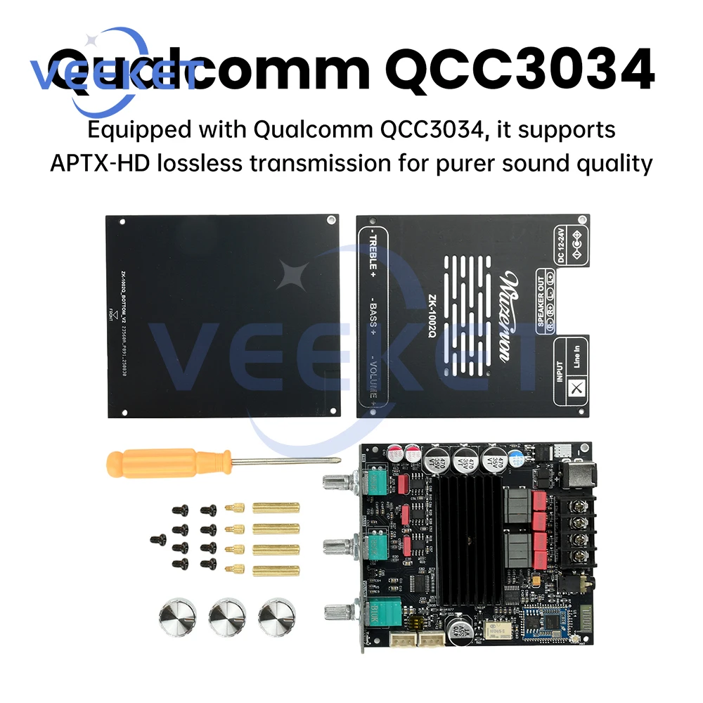 ZK-1002Q 100Wx2 채널 디지털 앰프 보드 블루투스 2.0 QCC3034+TPA3116 APTX 무손실 오디오 앰프 모듈 전자 키트용