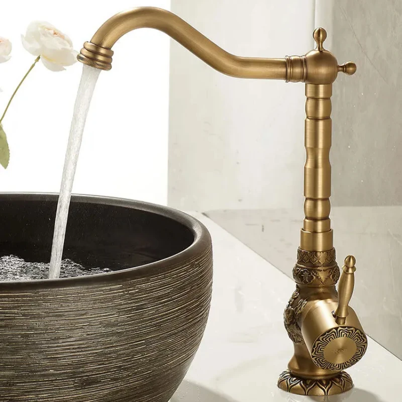 

Antique Brass Basin Faucet Carved Long Nose Spout 360° Rotating Single Handle Mixer for Wash Sink Antique Brass Nose Mixer