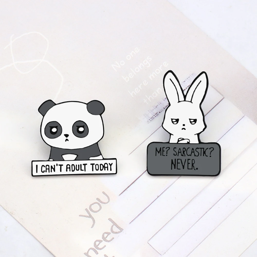 Depressed Panda Pride Rabbit Brooch Badge Me?Sarcasik?Never. Grey Humorous Quotes Enamel Jewelry Cartoon Animal Denim Lapel Pins