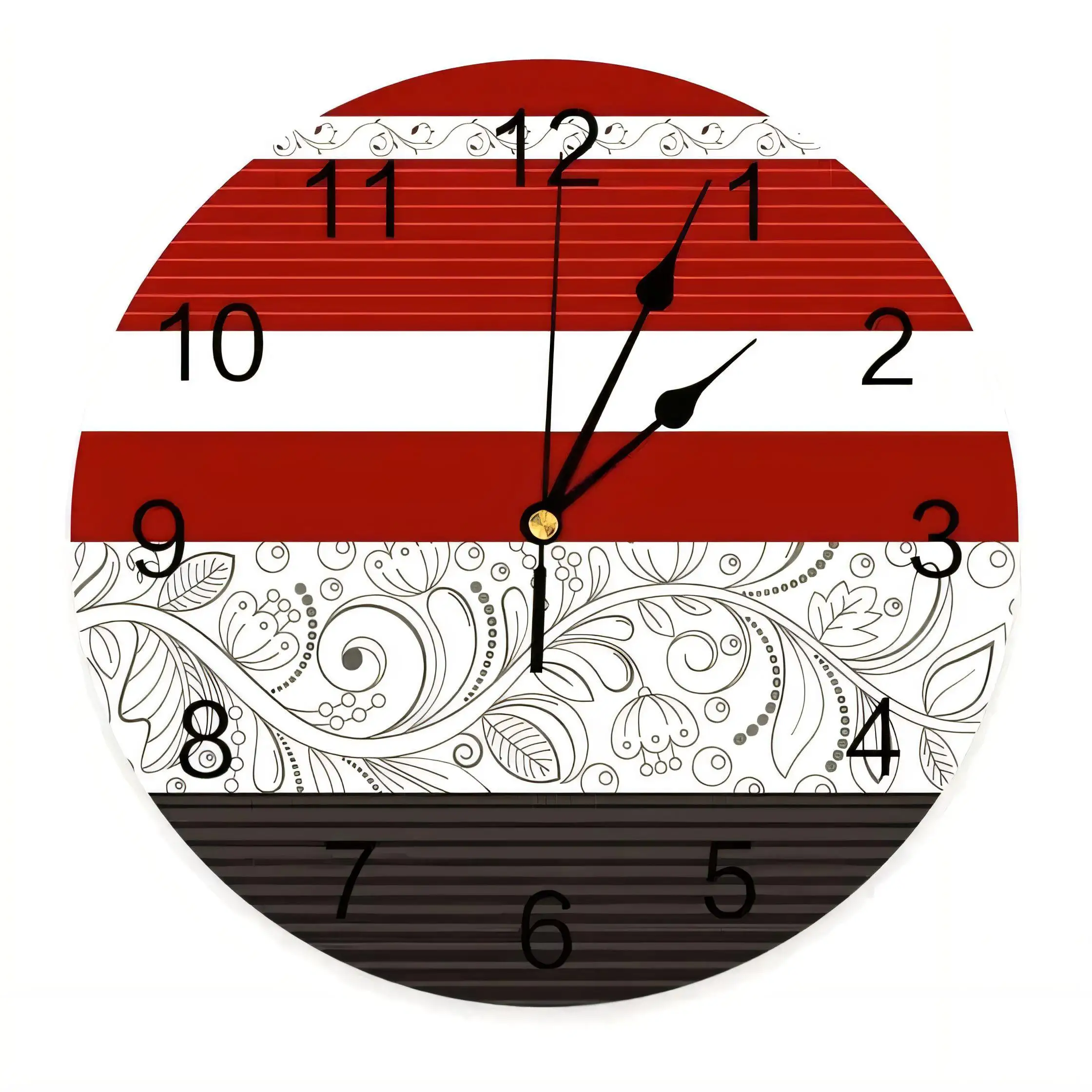 Vintage  Wall Clock, Color-Block Floral Zentangle Design, Silent Non-Ticking Battery Operated Home Decor for Living Room