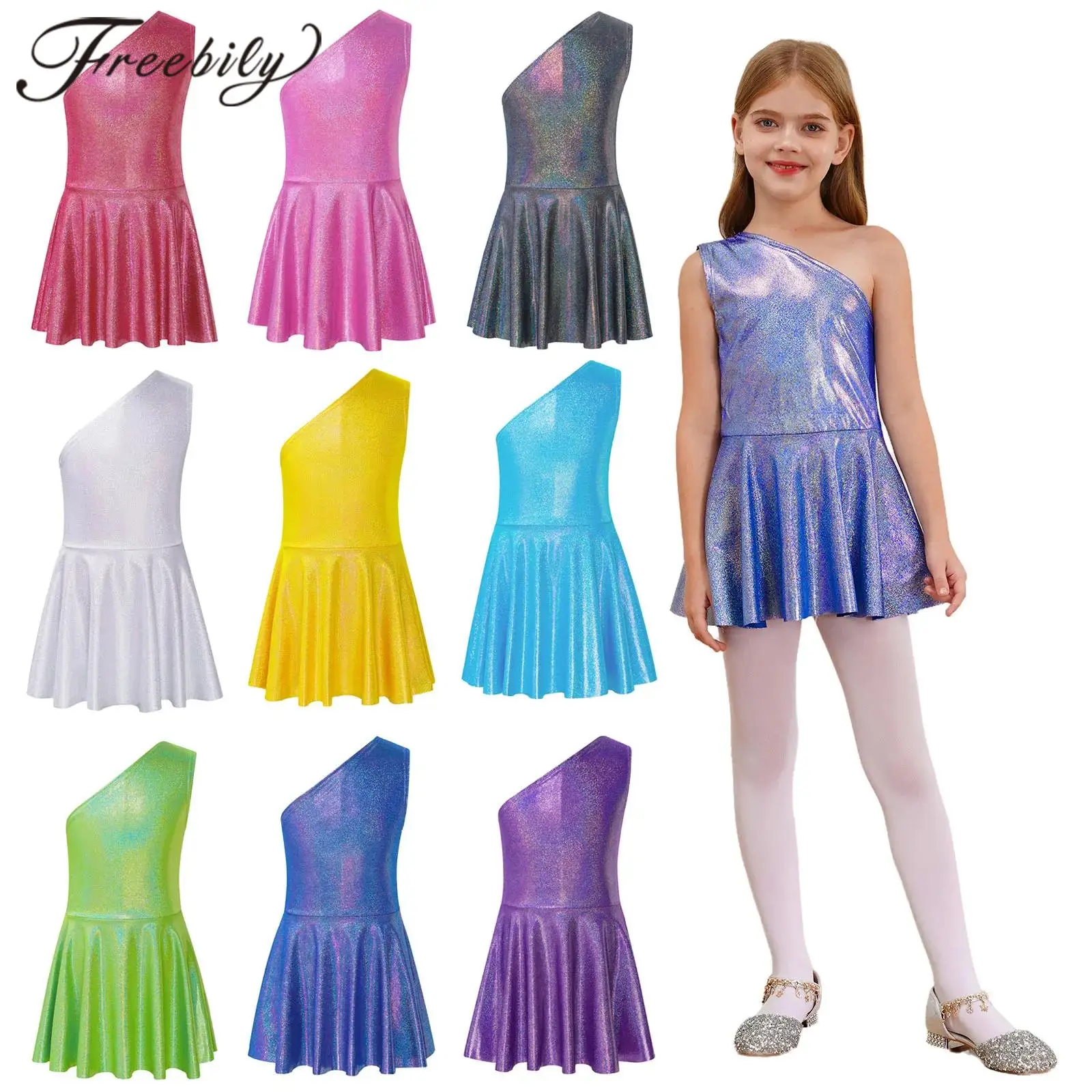 

Kids Girls One Shoulder Sleeveless Metallic Shiny Dress Cheerleading Jazz Dance Costume Performance School Party Show Dancewear