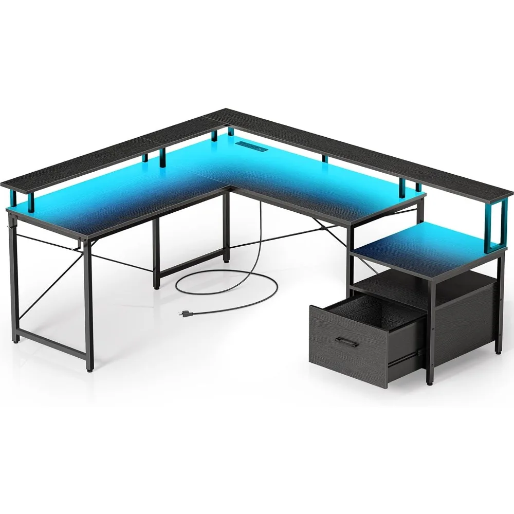 Mesa de computador com gaveta de arquivo, mesa de canto de computador em forma de L de 64" com tomada de energiaLED Mesa de escritório em casa com prateleira de monitor