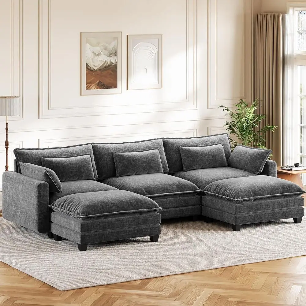 

5-Seat U-Shaped Chenille Cloud Sofa with Ottomans and Pillows for Living Room or Bedroom, Grey