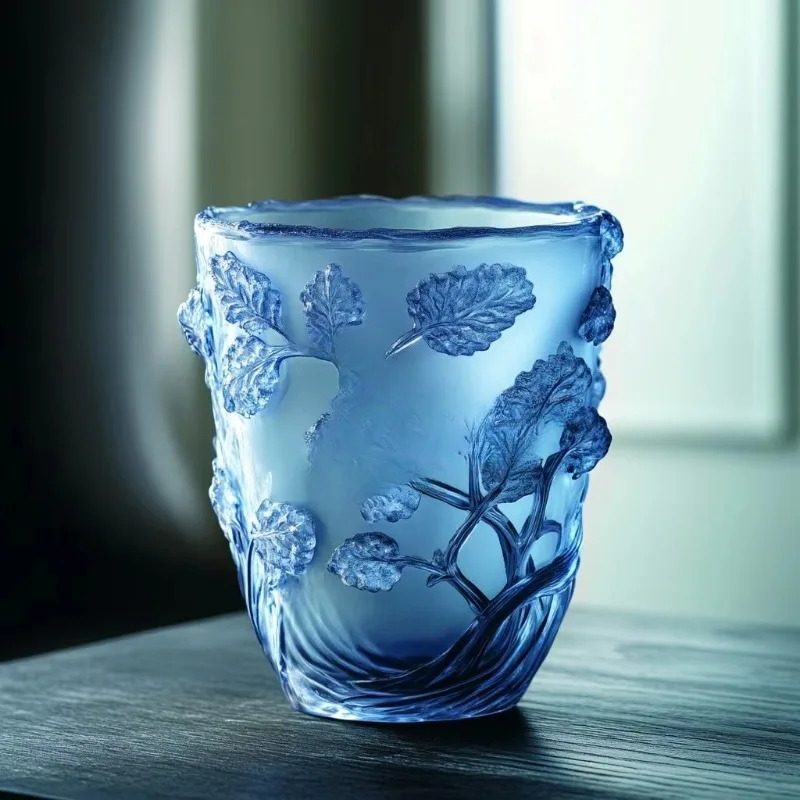 Hand carved crystal glass, leaf relief vase, art deco design wedding, bar mitzvah