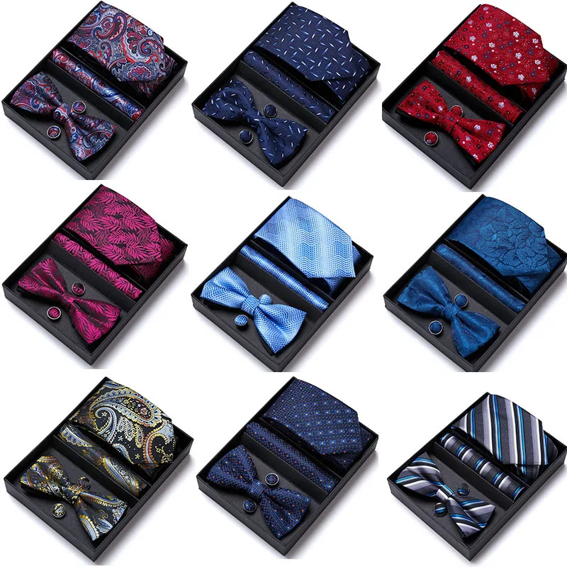 

7.5cm Men's Tie Set Jacquard Necktie Pocket Square Cufflinks BowTie With Gift Box Suit Accessories Fit Wedding Business