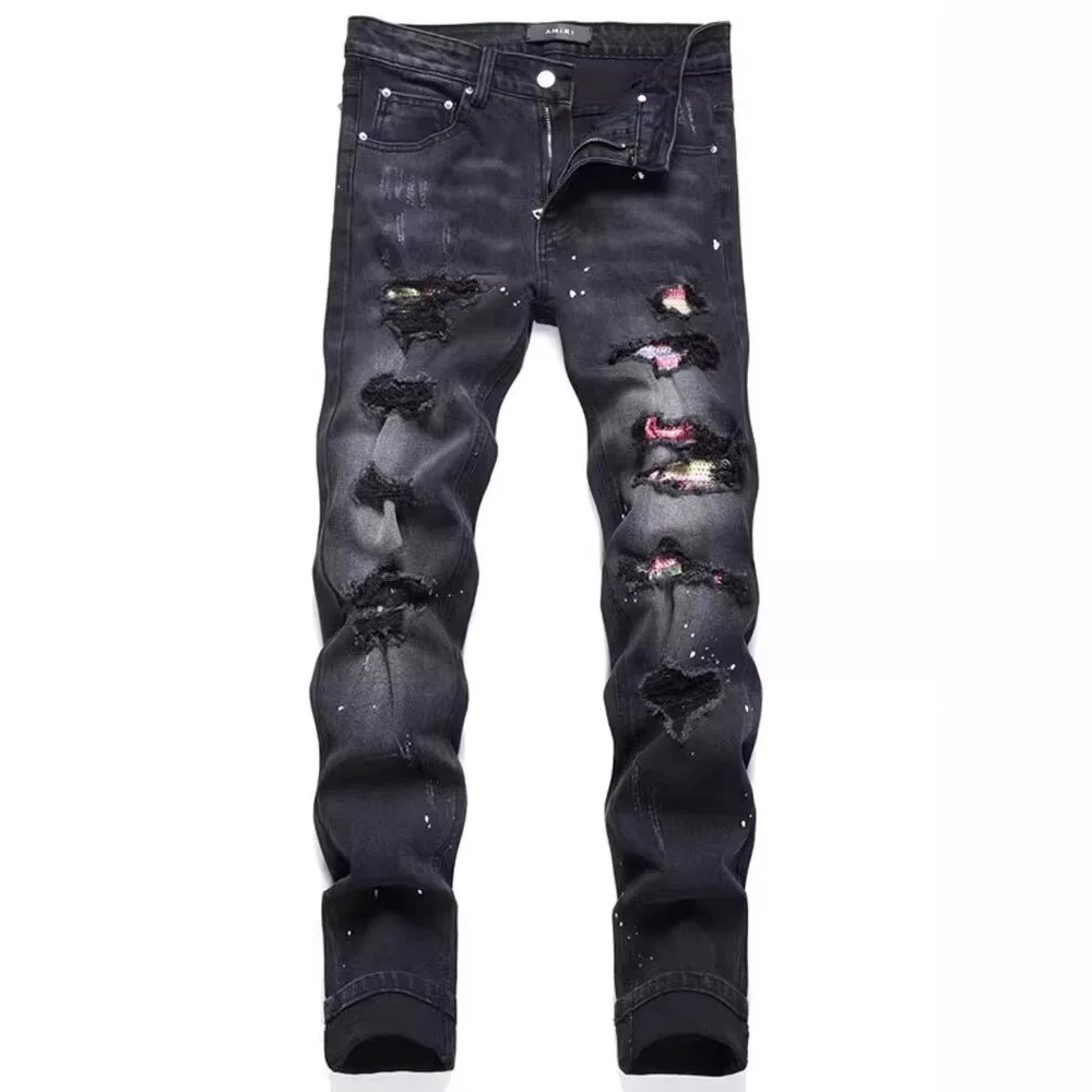 

Men Stretchy Skinny Denim Jeans For Men Casual pants Ripped Patchwork Hole Slim Fit Denim Hip Hop Black Straight Trousers