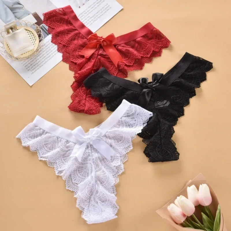 

3PCS Women's Panties Sexy Temptation Intimates Lace Briefs Seamless Thong Hollow Out Bowtie Underwear Ladies Thongs Lingerie