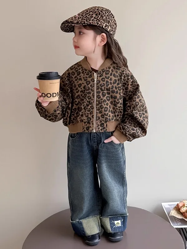 Niñas ort Svel Jaet primavera otoño cremallera larga Sve estampado de leopardo Casual suelta ajuste algodón niños Faion Top