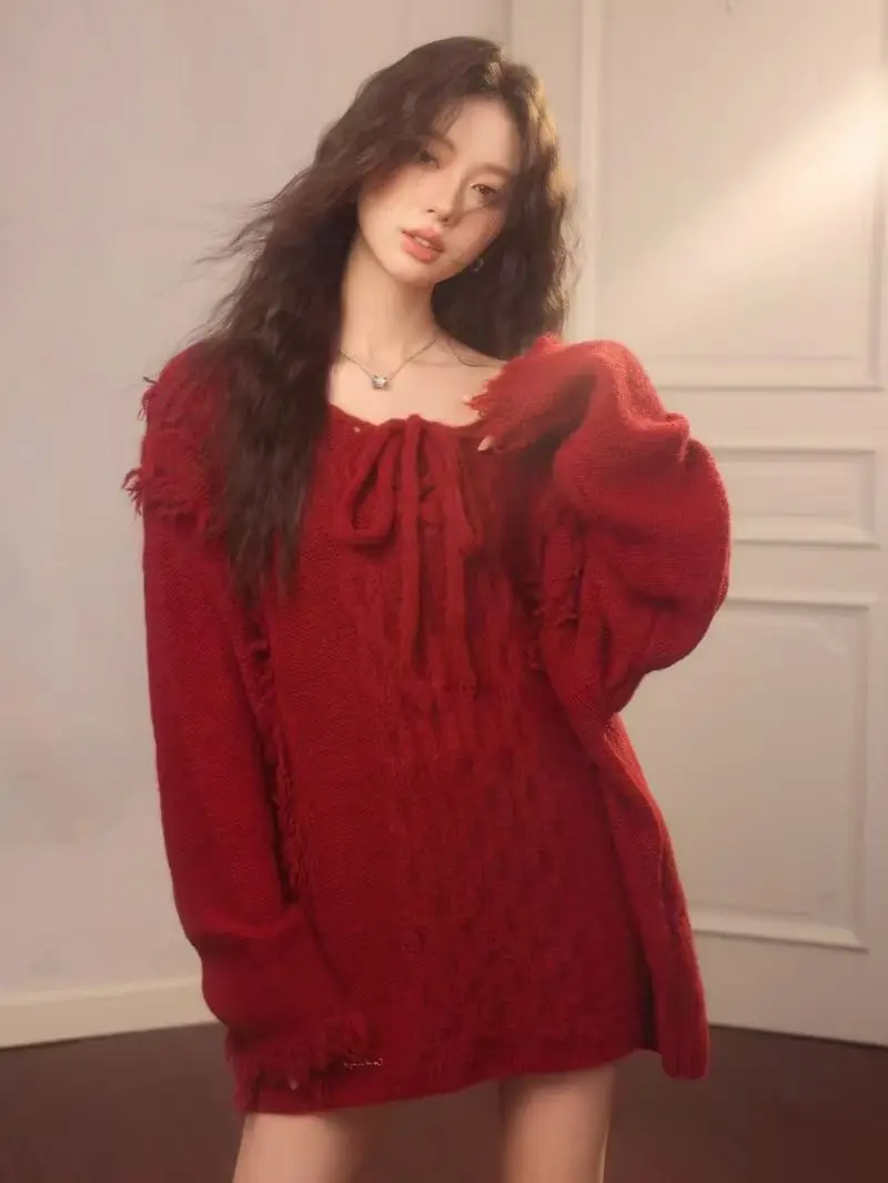 

Sweaters Jumpers Pullovers Woman Y2K White Frilly Triangle Geometry BF Business Meeting Professional Modern Simple Autumn Tassel