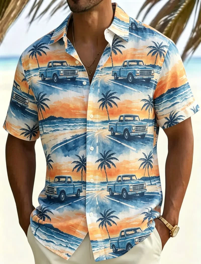 Retro Seaside Off-road Scenery Full of Prints, Sunset Jeep, Palm Tree, Unisex, Beach Road Trip, Daily Versatile Flower Shirt