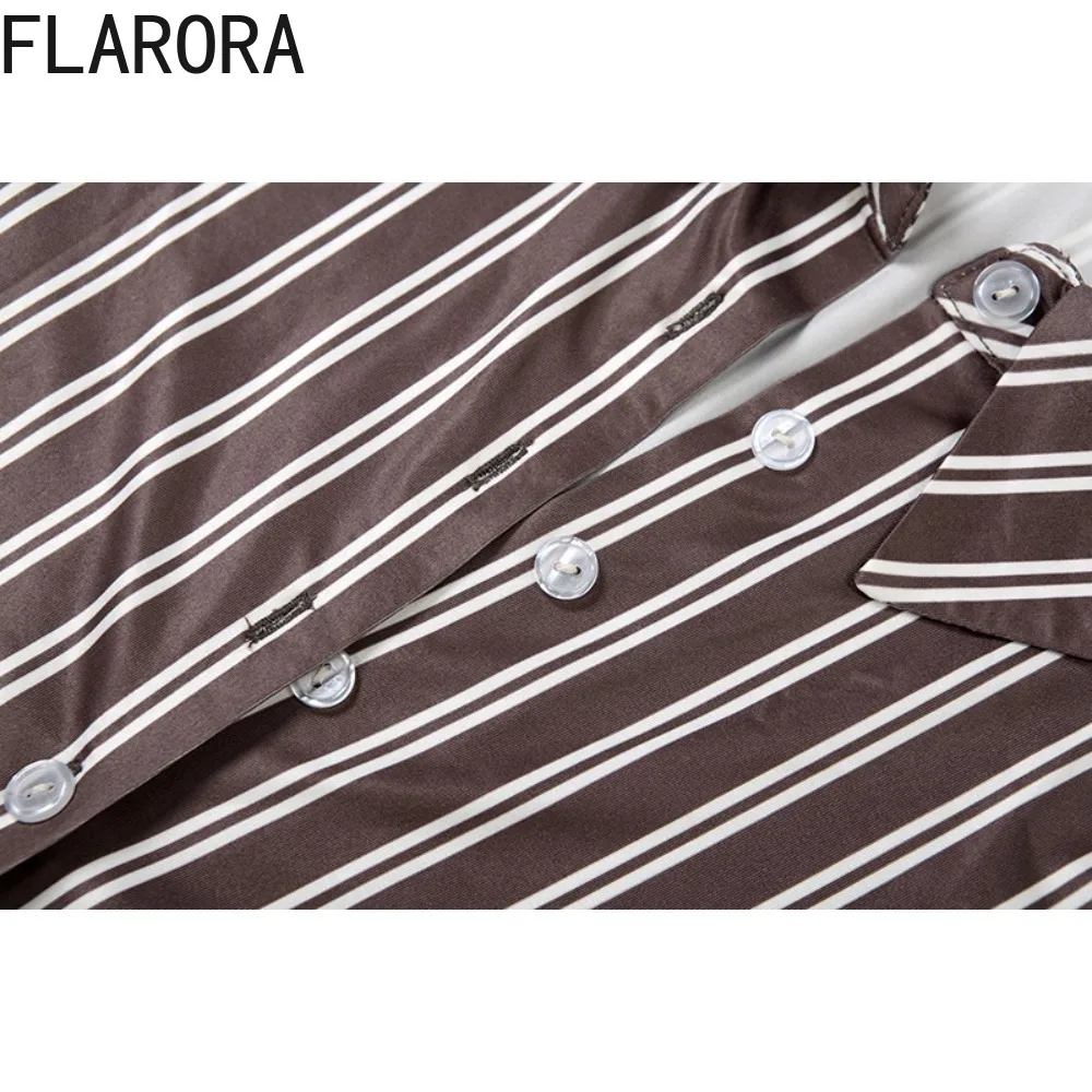 FLARORA Fashion Stripe Print Two Piece Sets Woman Lapel Long Sleeve Single-breasted Slim Fit Shirts And Bodycon Skirts Outfits