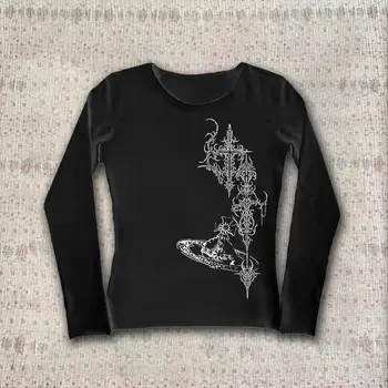 復古哥德風 Emo 女孩原宿風長袖 T 卹 女式街頭風修身上衣 夏季高街女孩短上衣 90 年代街頭風 10 最佳銷售 千禧歌德 - №3