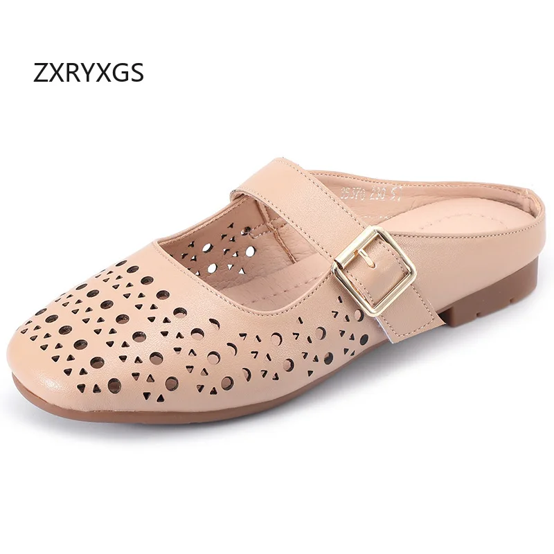 ZXRYXGS Top Cowhide Round Toe Hole Hole Slippers Flat Sanadals 2026 Breathable Outerwear Genuine Leather Slipper Woman Plus Size