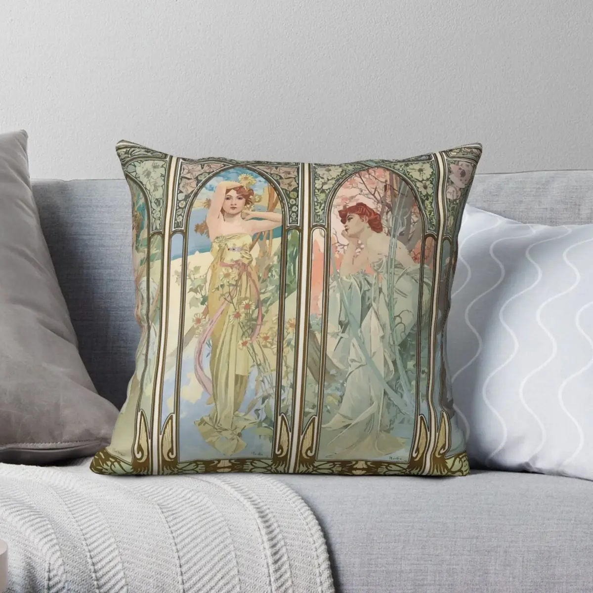 Alphonse Mucha veces del día funda de almohada cuadrada, poliéster, lino, terciopelo, patrón, decoración con cremallera, funda de cojín para el hogar, 45x45