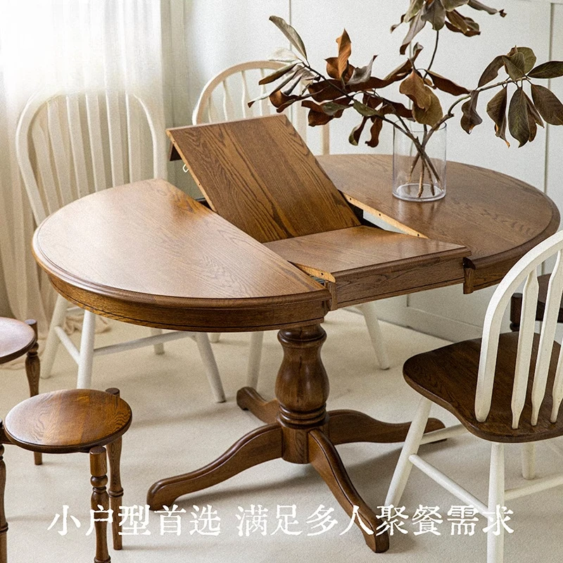 

American retro solid wood folding dining table, household small retractable round table for eating round table