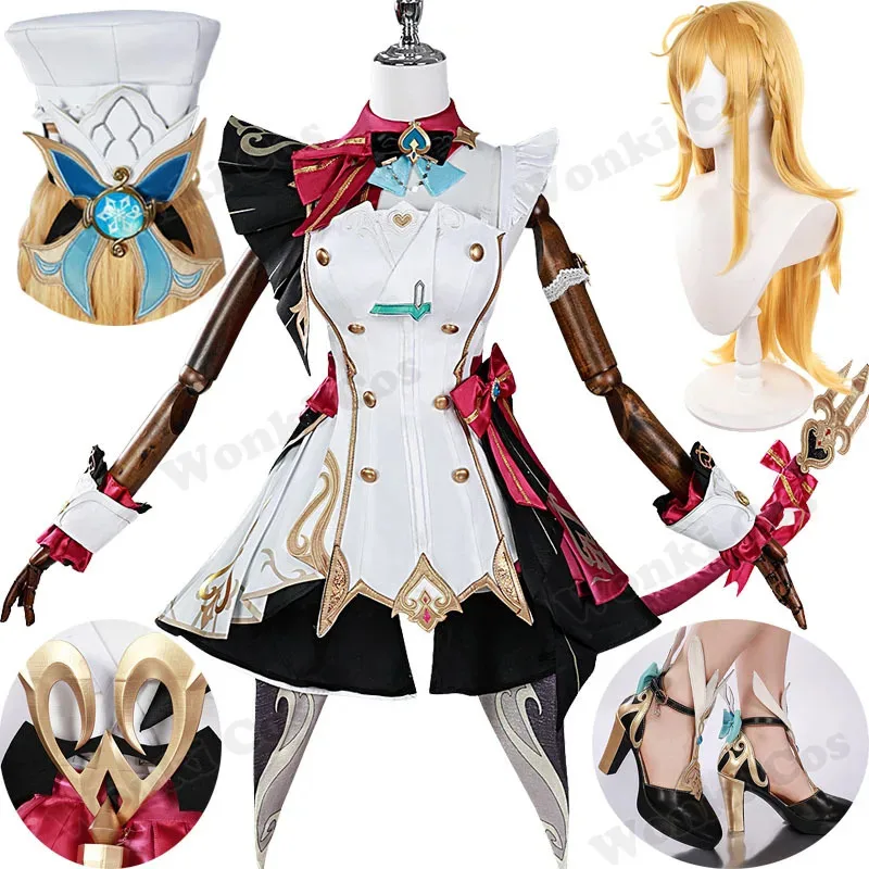 Fontaine Escoffier Cosplay Costume Wig Hair for Game Impact Escoffier Cosplay Shoes for Women Role Play Party Outfits