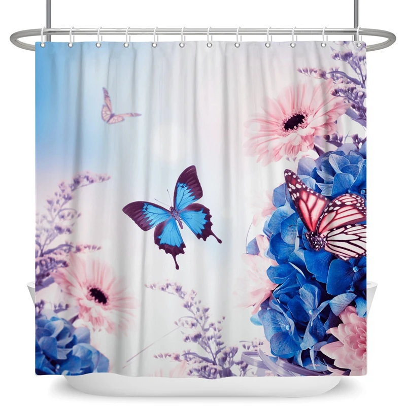 Elegant Flowers Butterfly Shower Curtain Morden Art Floral Girl Waterproof Fabric Bathroom Curtain Room Decor Curtain With Hooks