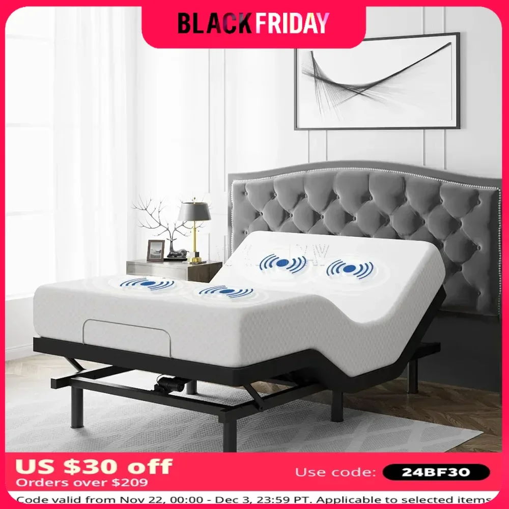 Adjustable Bed Frame Queen Size, Remote & Massage , Dual Side USB, Quiet Motor, Wireless Remote, Electric Adjustable Bed Frame