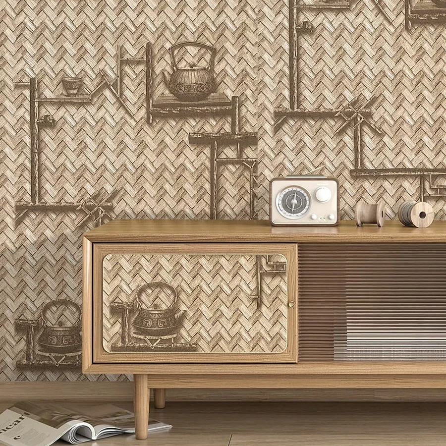 Vine woven bamboo art wallpaper bamboo woven bamboo mat tea house living room dining room decoration self-adhesive PVC wallpaper