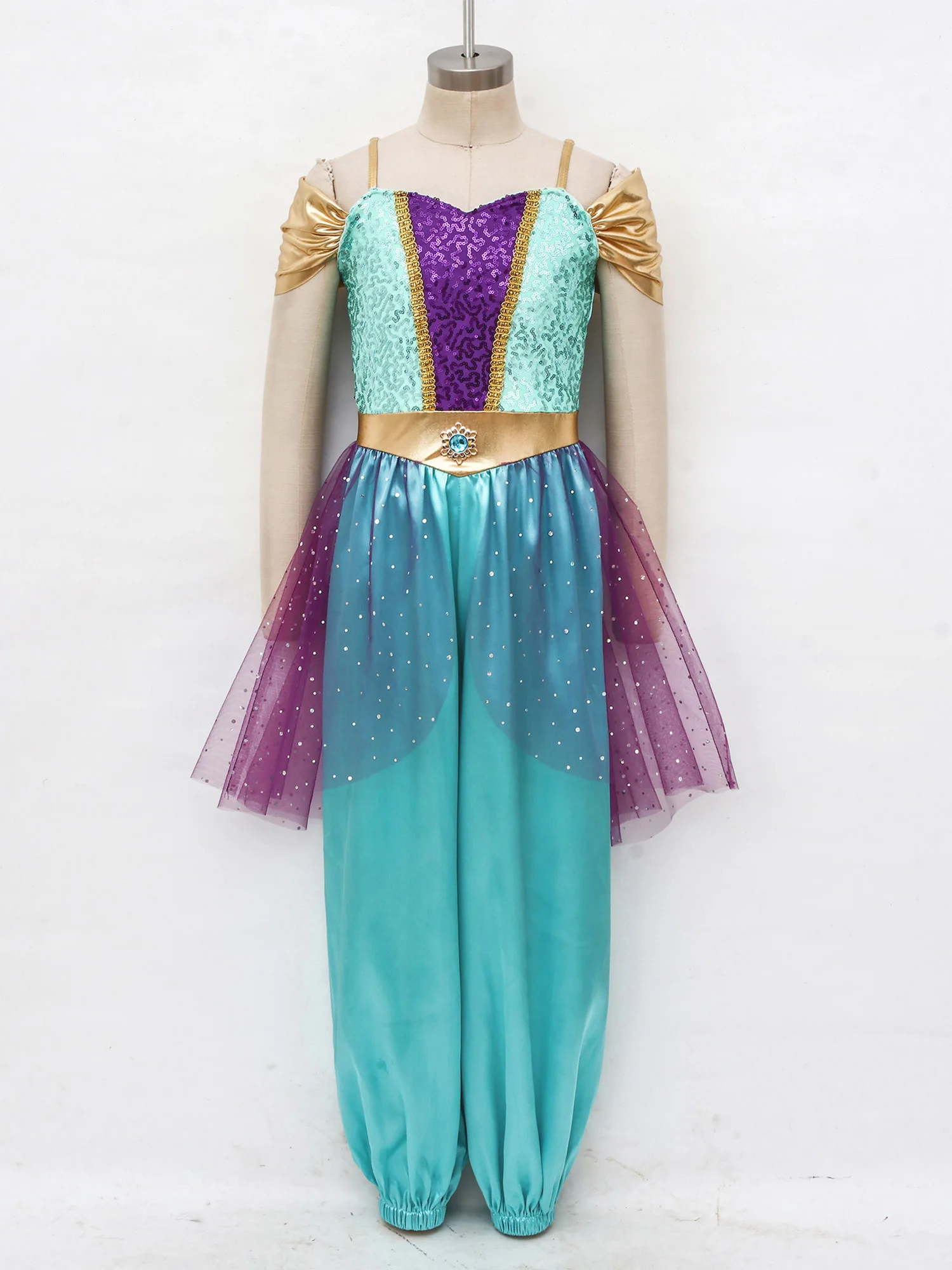 Girls Sequined Tulle Overlay Jumpsuit for Girls Arabian Princess Costume Belly Dance Rompers for Halloween Carnival Dress-up - view 3