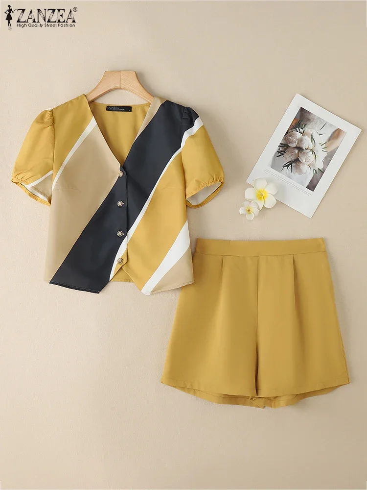 ZANZEA Womens Contrast-Stripe 2 ชิ้นชุดพัฟแขนสั้น V คอเสื้อ Elastic เอวกางเกงขาสั้น 2 ชิ้นชุดแฟชั่นชุดสั้น