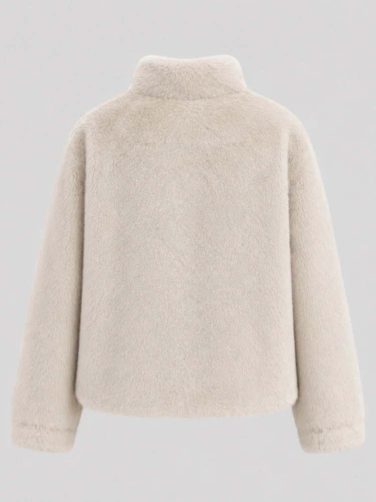 AACHOAE Women Faux Fur Jacket Winter Coat Stand Collar Long Sleeve Snap Button Warm Loose Casual Elegant Outerwear