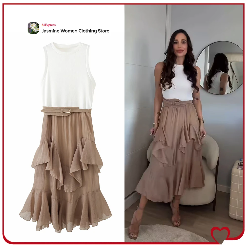 

Элегантное шикарное женское платье с круглым вырезом, поясом и оборками, стильное платье без рукавов с поясом, комбинированное с юбкой из ткани с оборками.