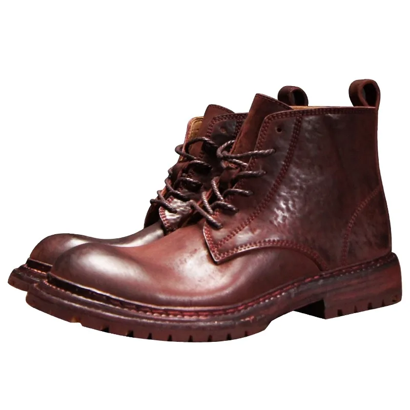 

Vintage Fashion Genuine Leather Boots Men Shoes Handmade Casual Chelsea Boots Youth Male Washed High Top Motorcycle Ankle Boots