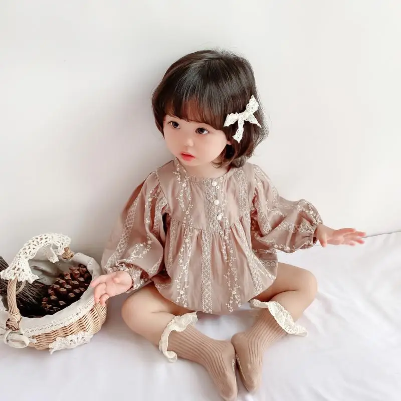 Newborn Baby Girls Casual Clothes Autumn New Long Sleeve Bodysuit Toddler Girls Cotton Embroidered Jumpsuit