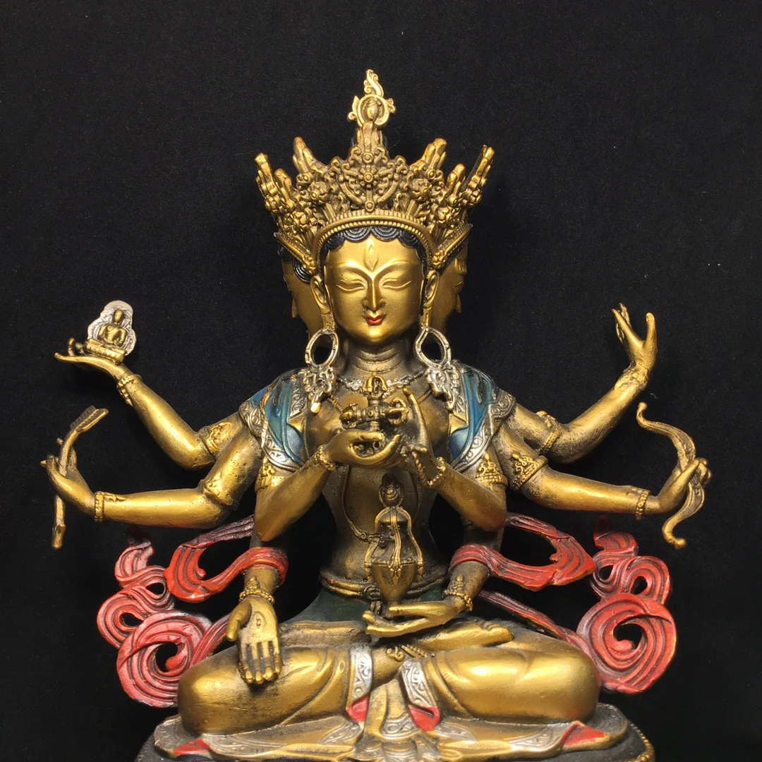 31cm Tibetan Brass Gilded Gold Faced Zunsheng Buddha with Four Sides and Eight Arms Tara Avalokitesvara Ornament