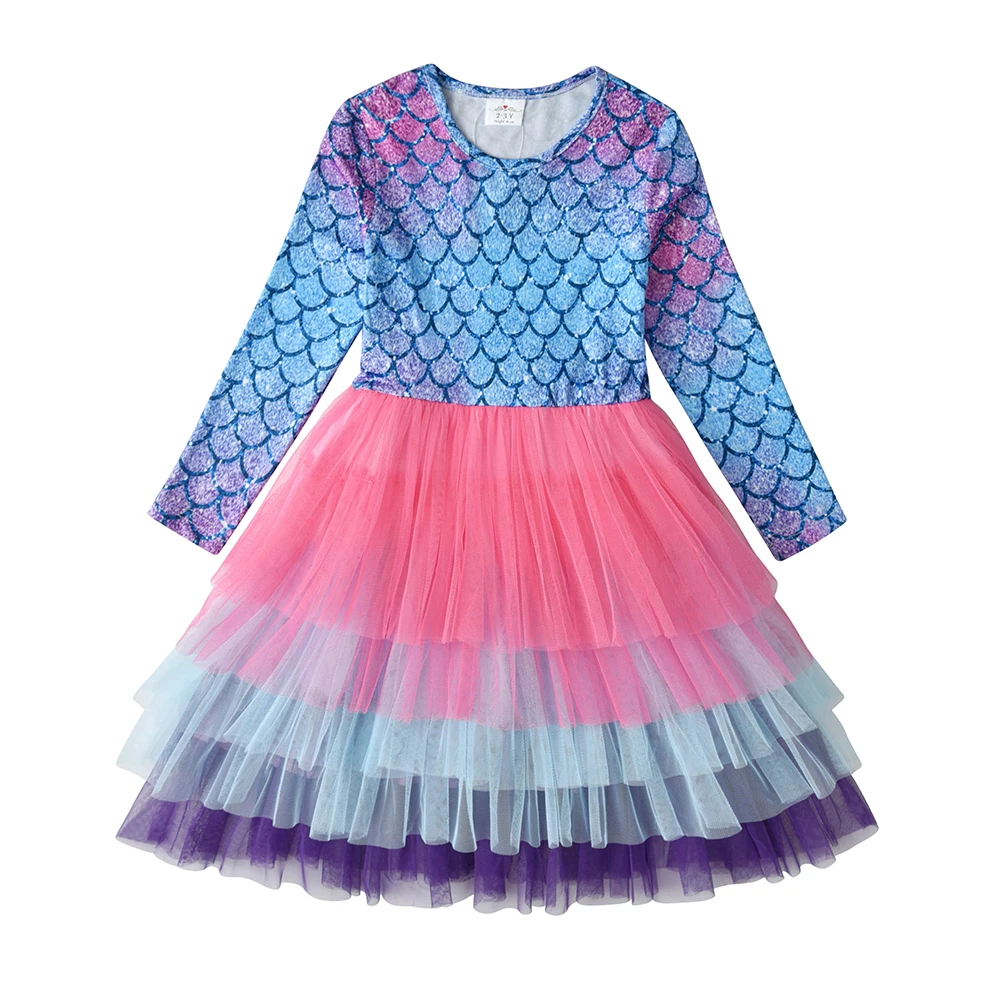 Vikita Kinder Langarm Kleid Mädchen Meerjungfrau Druck Kleider Kinder Farbverlauf bunte Kleid Mädchen Prinzessin geschichteten Tüll Tutu Kleider – Detail 4