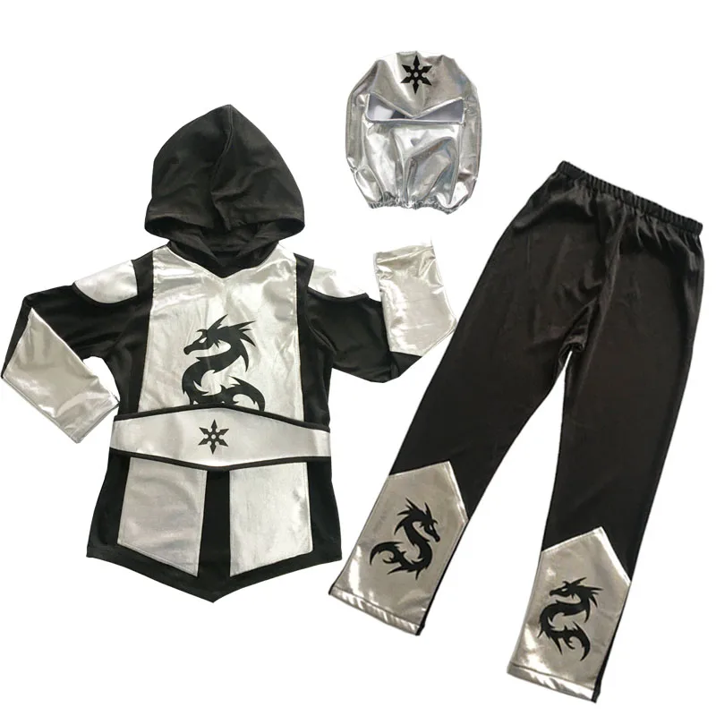 Traje ninja infantil, fantasia de dragão dourado e prateado, camisa com capuz, calças, cinto com máscara, fantasia de carnaval