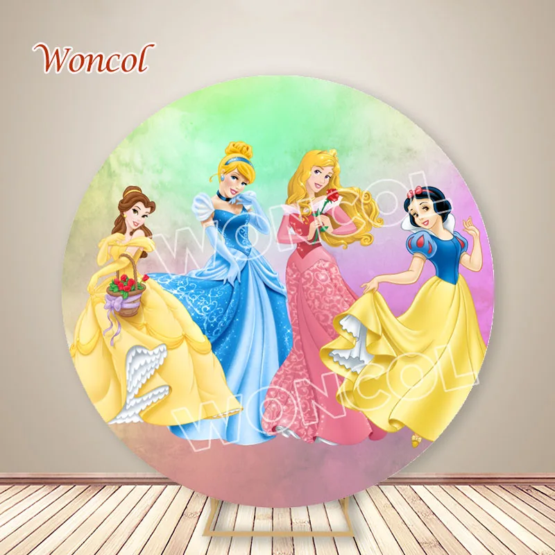 Princess Birthday Circle Backdrop Cinderella Aurora Snow White Belle Backdrop Disney Princess Cylinder Cover Photography Prop