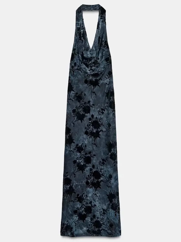 Vestido Retro de Veludo Longo Sem Mangas com Decote Pendu, Novo Estilo de Moda Fena Outono 2025, Vestido com Cintura ...