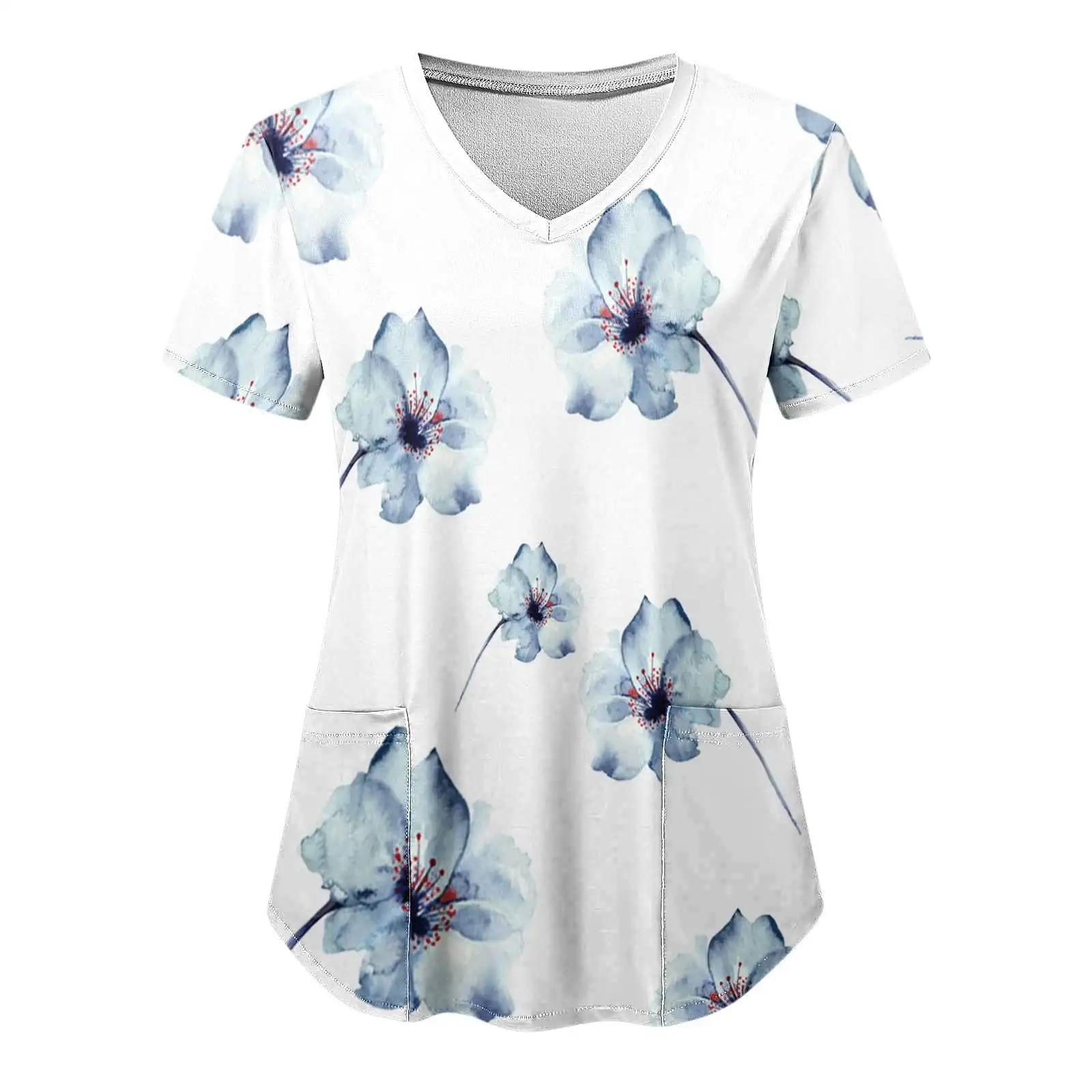 Women's Medical Uniforms Fashion Floral Print Dental Scrub Tops Casual V-Neck Short Sleeve Patch Pocket Surgical Uniform Woman