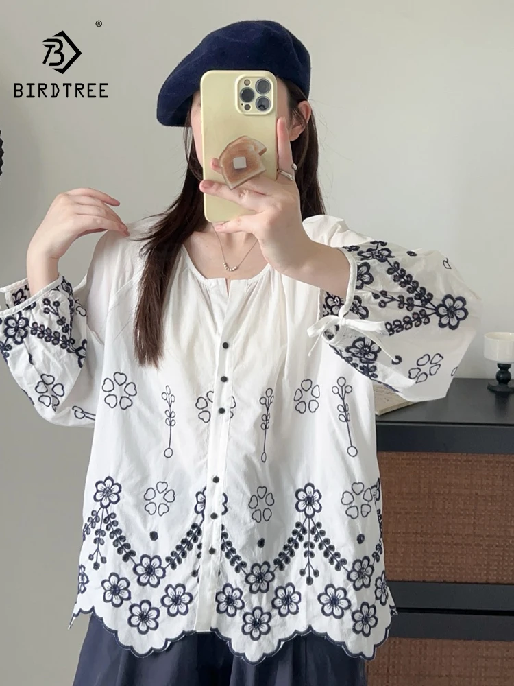 

New 2025 Autumn Cotton Long Sleeve Shirt, Women O Neck Floral Embroidery, Mori Girl Fashion Commute Chic Loose Blouse T58619CC