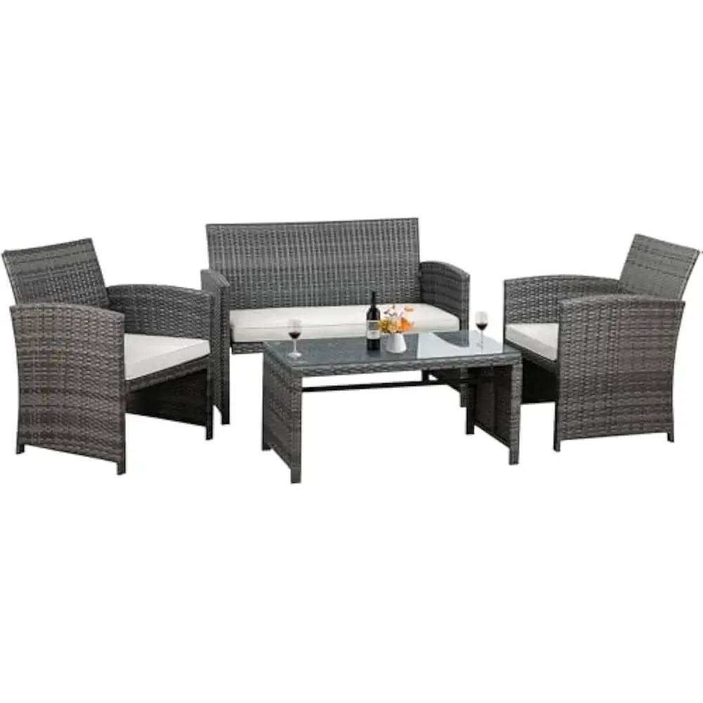 

4 Piece Patio Ratten Set Outdoor Furniture Sets, Wicker Sets w/Cushions and Tempered Glass Tabletop, Garden Furniture Set