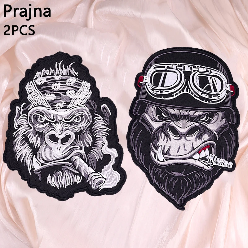 2PCS/set Large Animal Head Embroidery Patch Smoking Monkey Wolf Patches Motorcycle Biker Iron On Patches For Clothing Jacket DIY