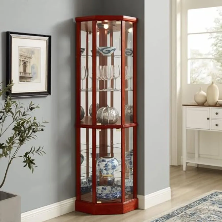 Corner curio cabinet for living room, tempered glass doors and shelves, light oak finish, LED lighting and adjustable shelving view 4