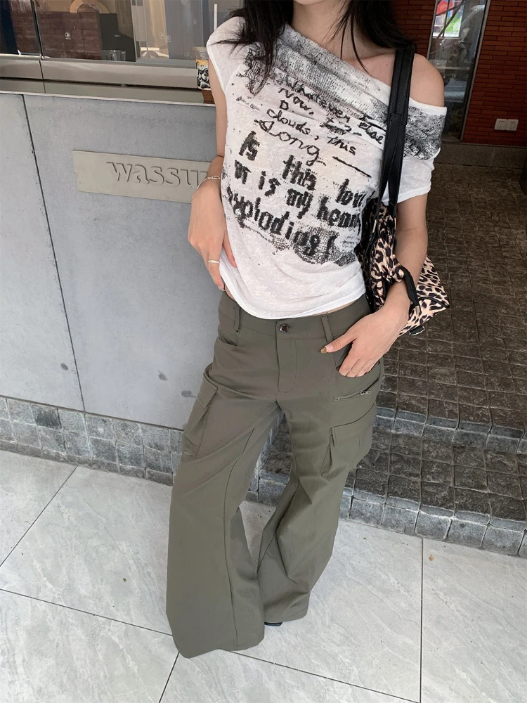 American Retro Cargo Workwear Pants Flared Hem Pants Women Y2k Multi Pocket Pants Wide Leg Casual Denim Trousers Streetwear 2025