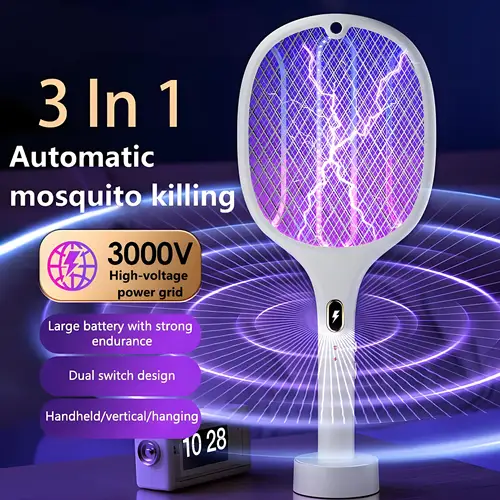 Matamoscas eléctrico 3 en 1, multifuncional, portátil, recargable por USB, matamosquitos, malla de Triple capa