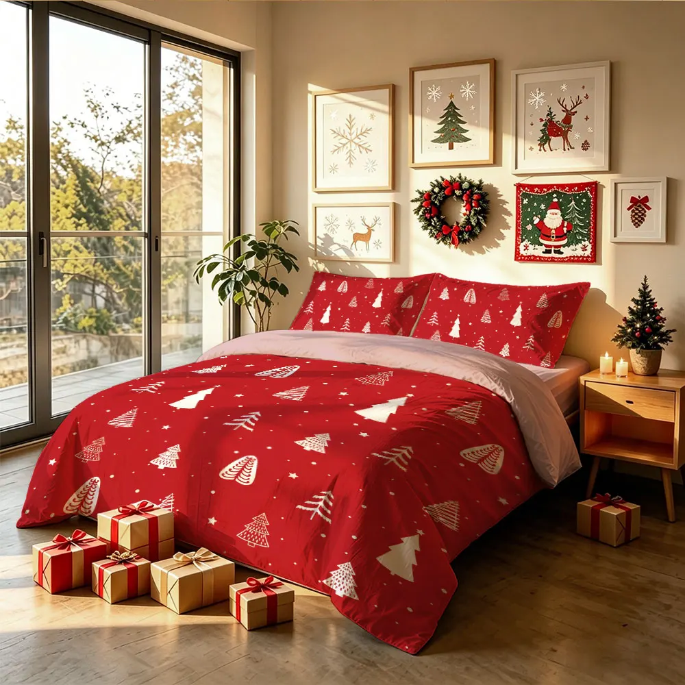 Red Xmas Tree Duvet Cover Set 3Pcs, Pine Snowflake Bedding, Minimalist Print Quilt Cover with Pillowcases, Xmas Decor