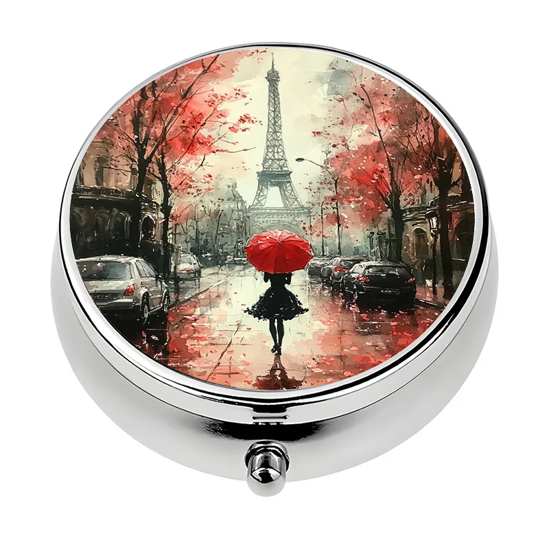 1 mini pill box with 3 compartments, featuring a Paris Eiffel Tower design, mini pill organizer, unique gift, suitable for travel