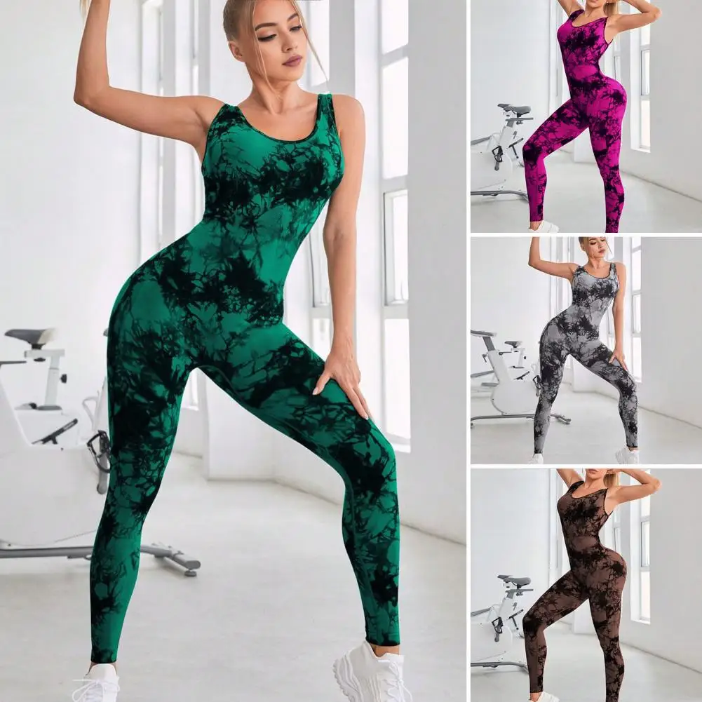 Slim Fit Jumpsuit Women Tie-dye Jumpsuit Tie-dye Butt-lifted Women's Sport Jumpsuit Moisture Wicking Athletic Wear for Jogging