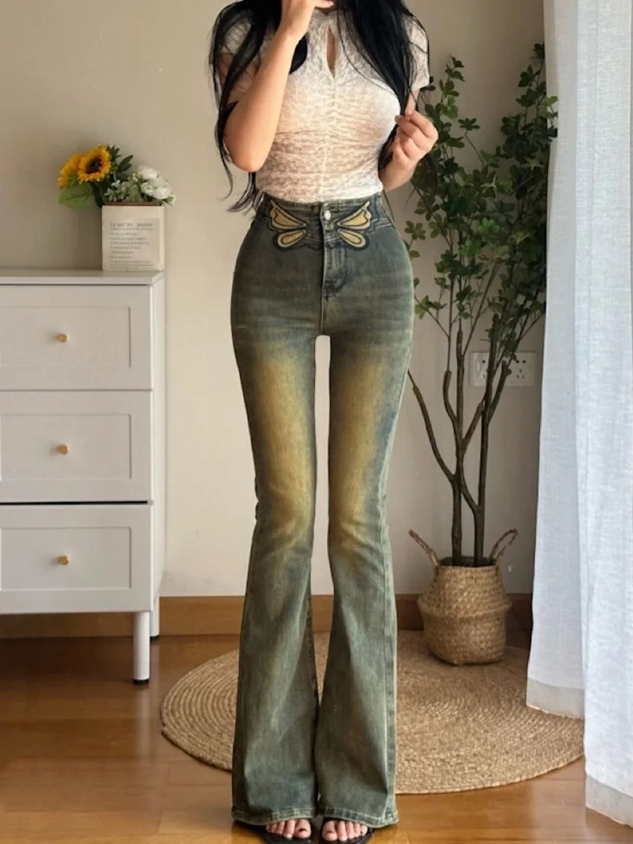 

Retro Washed Summer Bell Bottom Jeans High Waist Slim Fit Embroidery Denim Women's Long Pants Elastic Butt Lifting