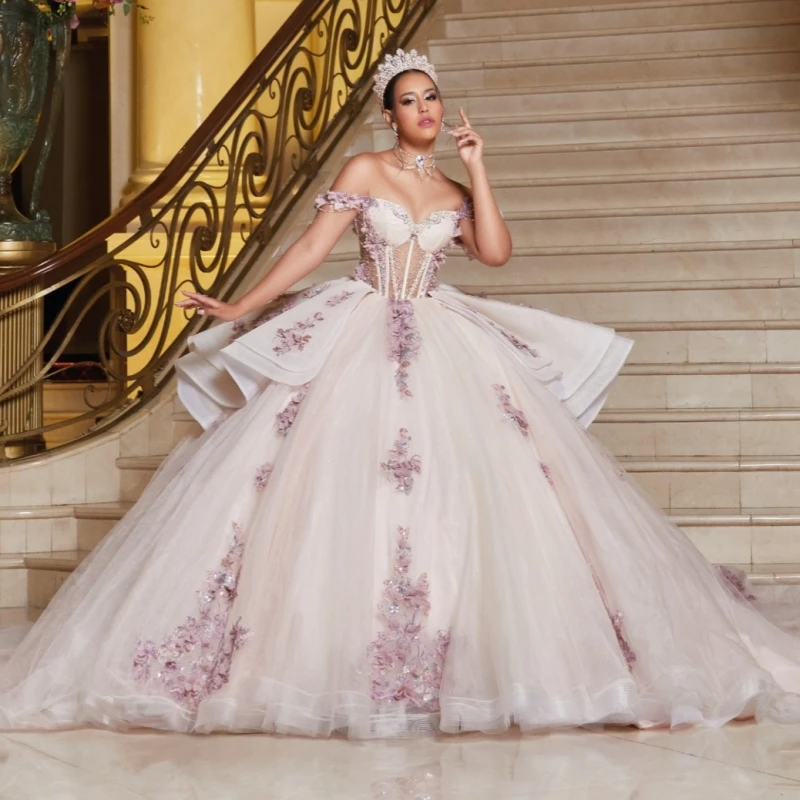 

Светлое шампанское, блестящие платья Quinceanera с открытыми плечами, аппликация, цветок, бисер, кристалл, тюль, корсет, вечеринка, день рождения, сладкий 16