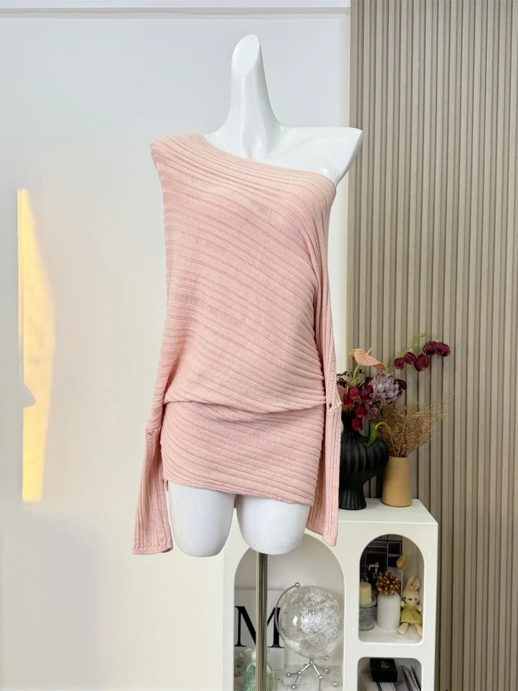 

Розовый темпераментный женский шерстяной вязаный топ с открытыми плечами в ленивом стиле