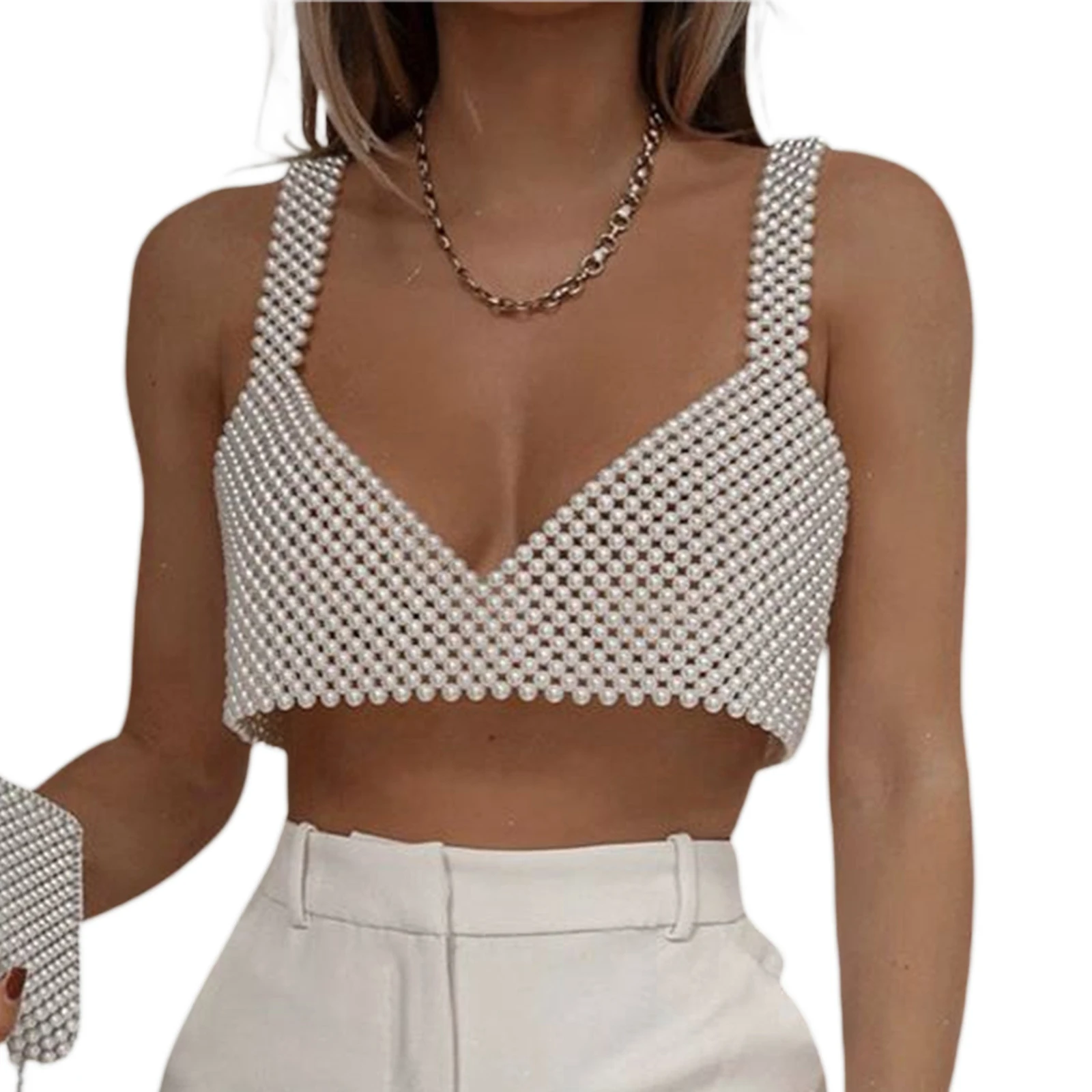 

Elegant Women Camisole Pearl Sexy Fishnet Sleeveless Hollow Out Summer Beach Holiday Cover-ups Chic Sweet Girls Club Wear