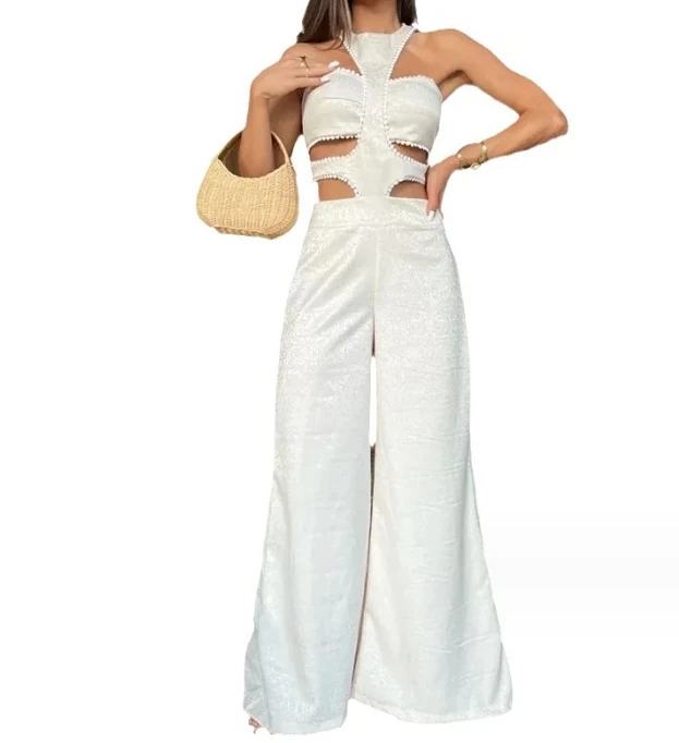 2023 Woman Long Jumpsuits Elegant Sexy Wide-Leg Jumpsuit with Neck Hanging and Hollow Design New Fashion Casual One Pieces